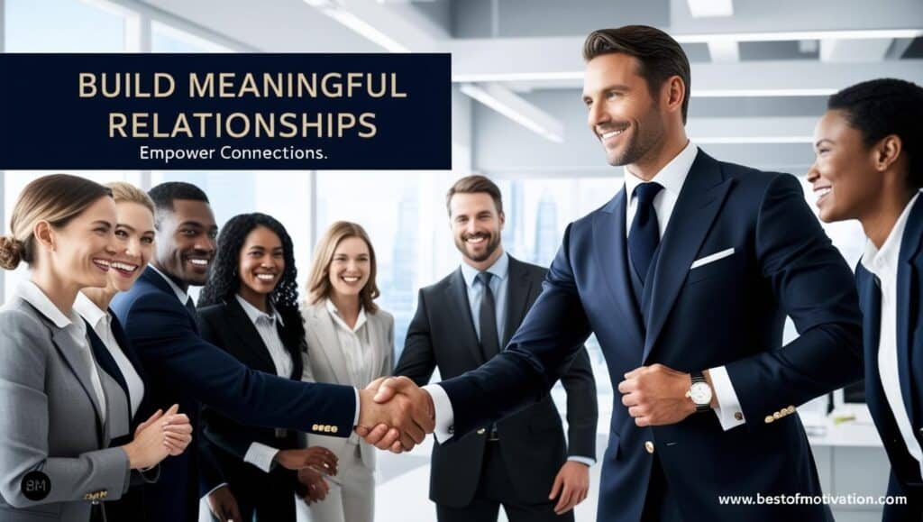 A confident and successful male engaging in a meaningful conversation in a professional setting, symbolizing the importance of building strong relationships for personal and career growth.