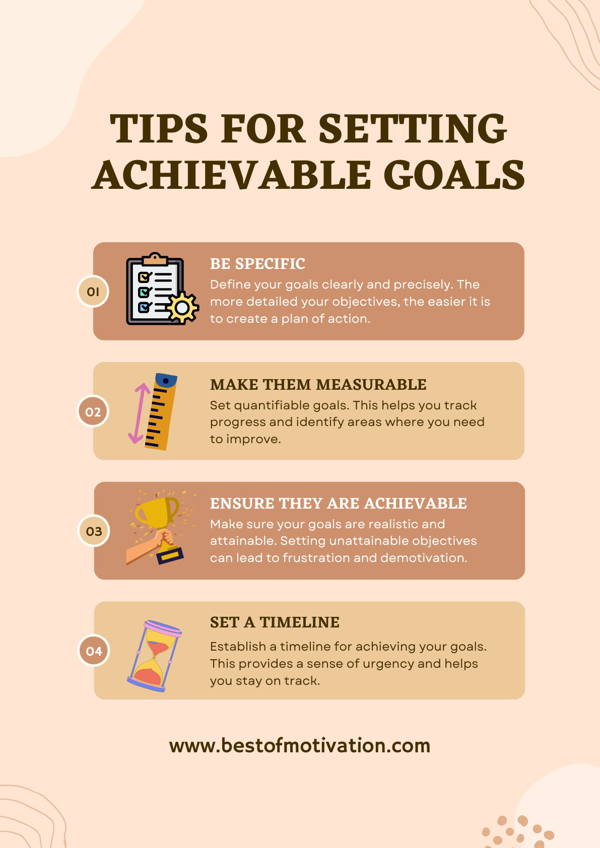 Tips for Setting Achievable Goals.
The first step in achieving any goal is to define it. Creating a plan of action is impossible without a clear idea of what you want to accomplish. Setting goals provides direction, helps prioritize tasks, and keeps you motivated. When you have a clear target to aim for, you're more likely to take action and make progress toward your aspirations.