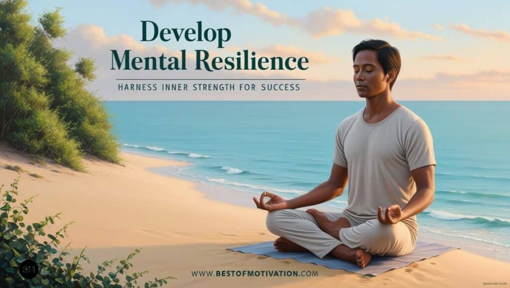 A successful male meditating peacefully by the beach, representing focus, inner strength, and mental resilience for achieving goals.