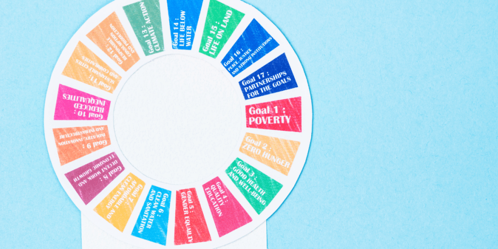 a paper cutout of a wheel with different colors on it with sustainable living  goals
