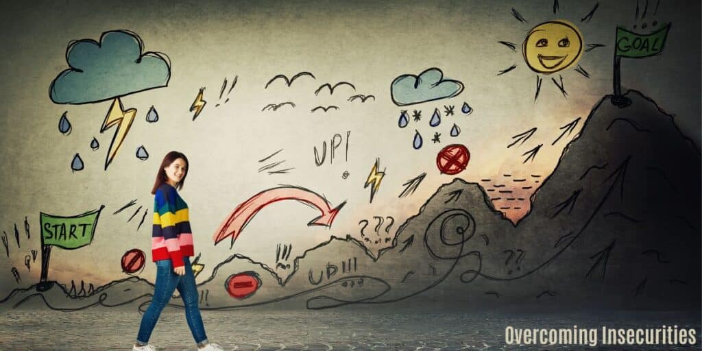 In the image, a woman is walking in front of a wall adorned with various pictures symbolizing challenges such as clouds, rain, and mountains. The composition aims to convey the message that in order to reach a goal, one must navigate through obstacles and difficulties represented by these natural elements. This visual representation serves as a metaphor for the journey towards success, highlighting the importance of perseverance and resilience in overcoming insecurities along the way.