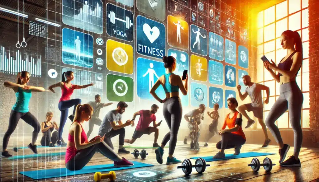 mage displays a diverse group of people engaged in different fitness activities, each holding a smartphone, representing the use of fitness apps. Some individuals are practicing yoga, while others are doing strength training or jogging, showing a mix of indoor and outdoor exercise settings. The background has a vibrant, energetic feel, with semi-transparent overlays of various app interfaces, emphasizing the digital aspect of fitness coaching. The scene conveys inclusivity and a dynamic lifestyle, illustrating how fitness apps can cater to different exercise preferences.