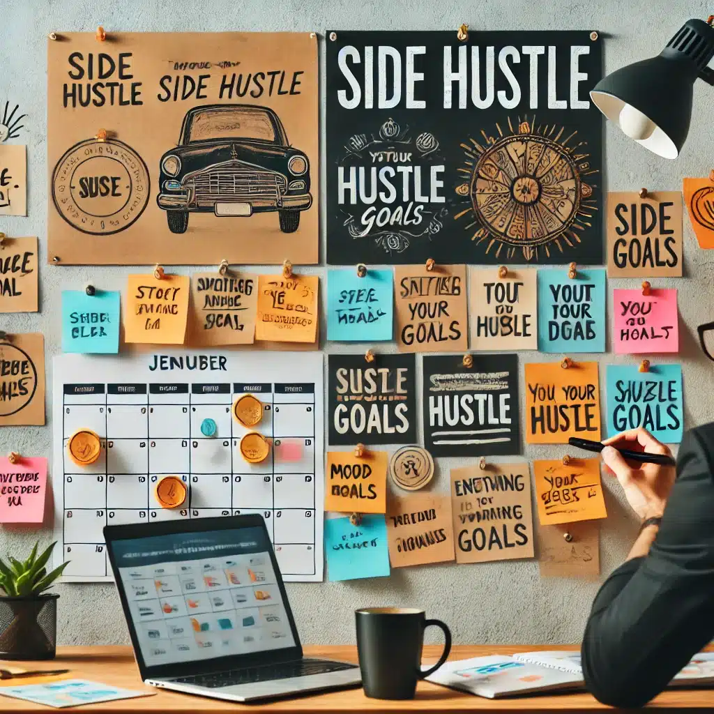 An-individual-brainstorming-ideas-for-a-side-hustle-with-sticky-notes-on-a-wall-a-calendar-showing-hustle-goals-and-a-mood-board-filled-with-inspir