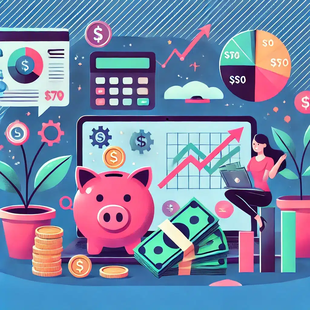 Illustration of financial motivation with icons like a piggy bank, coins, growth charts, and a person planning financial goals, representing personal finance and savings strategies.
