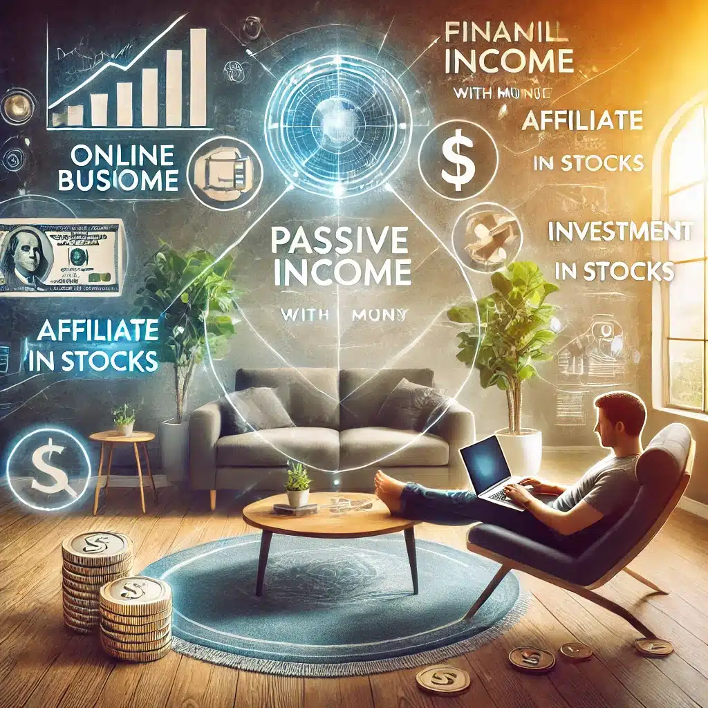 DALL·E 2024 10 16 18.42.24 A visually appealing image depicting various methods of passive income with minimal money such as online businesses affiliate marketing and investm