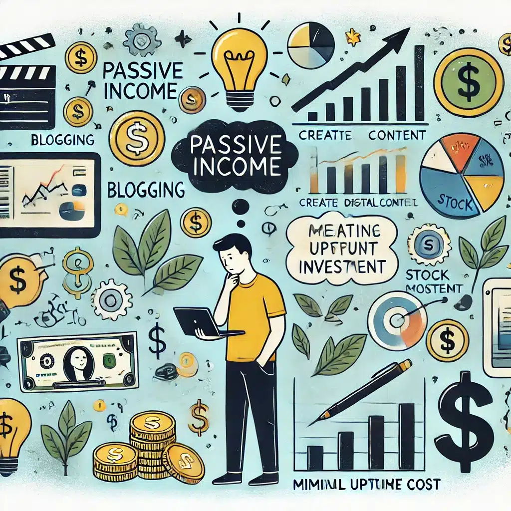 An illustration depicting various passive income strategies such as blogging, creating digital content, and stock market investments, focused on passive income for people with no money. The image represents a person thinking of creative ways to generate income with symbols of minimal upfront cost, like coins and dollar signs