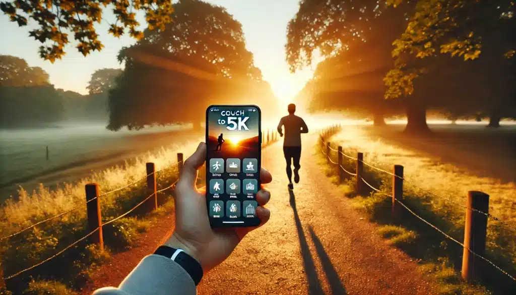 A dynamic scene showing a runner jogging along a park trail, holding a smartphone displaying the Couch to 5K app interface. The background features a serene sunrise, casting a warm, golden light over the path, symbolizing a fresh start. The image conveys a sense of simplicity, motivation, and ease, appealing to beginners taking their first steps in fitness.