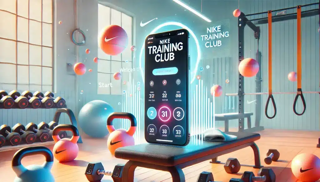 this image depicts a gym environment with workout equipment such as dumbbells and kettlebells around a bench. On the bench, a smartphone displays the Nike Training Club app interface. The setting is bright and dynamic, emphasizing simplicity and approachability, which encourages beginners to start their fitness journey confidently.