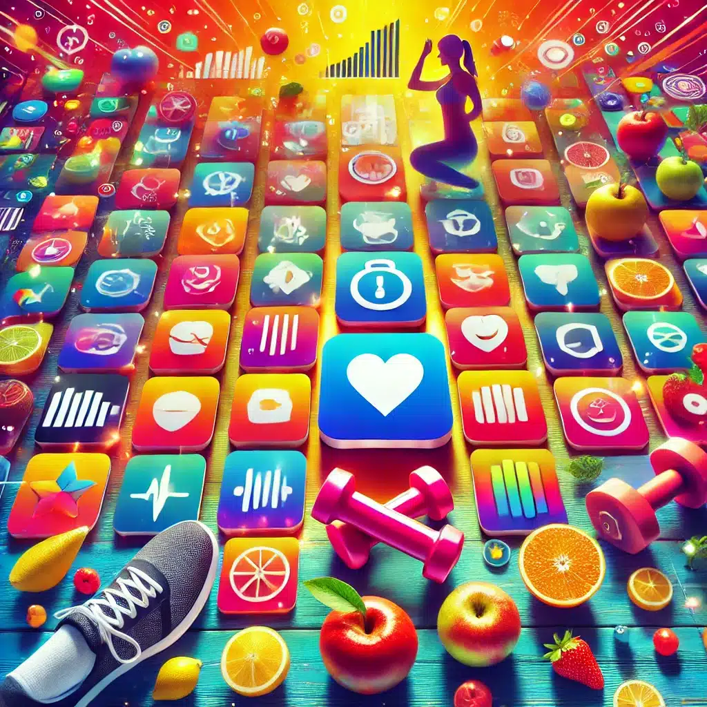 image shows various fitness app icons arranged in a neat grid layout. The background is vibrant, filled with healthy lifestyle visuals like fruits, dumbbells, and running shoes. The design highlights the diversity of fitness apps available for weight loss and features a bright, energetic, and motivational atmosphere, encouraging users to explore different options