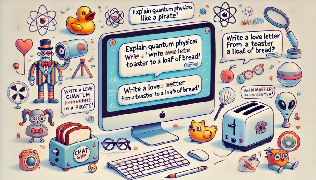 Illustration of a playful scene featuring a computer screen displaying a ChatGPT conversation with humorous prompts. The screen shows cartoon-style dialogue bubbles with texts like 'Explain quantum physics like a pirate!' and 'Write a love letter from a toaster to a loaf of bread.' Surrounding the computer are whimsical elements including a rubber duck, a cat wearing glasses, a rubber chicken, and a small alien with a magnifying glass. The background is colorful and light, creating a fun, casual atmosphere