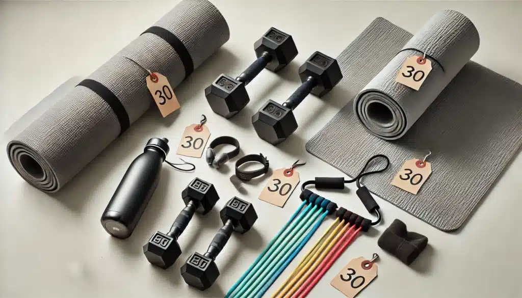 A neatly arranged display of workout equipment, including dumbbells, resistance bands, a yoga mat, and a water bottle. Each piece of equipment has a visible price tag, illustrating affordability for beginners. The background is clean and well-lit, drawing attention to the variety of essential fitness gear for those starting their workout journey.