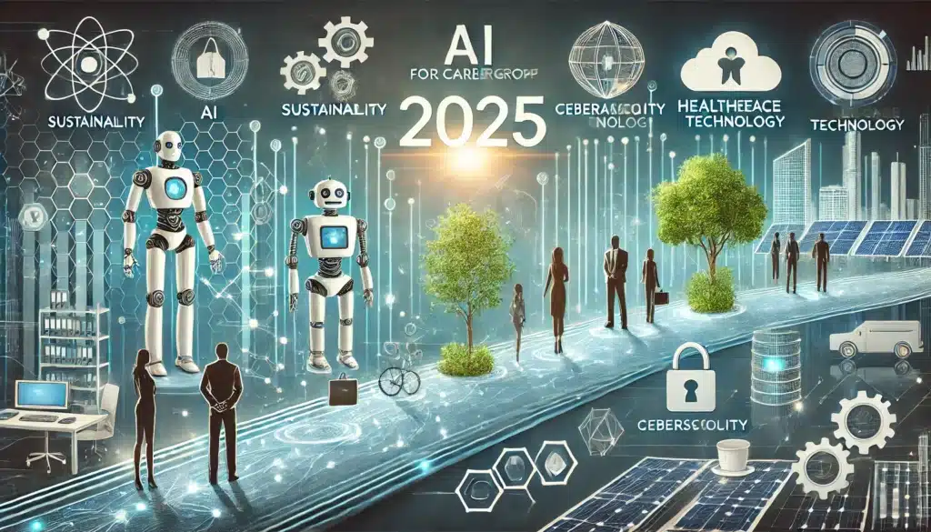 An illustration of a career growth timeline for 2025, featuring key industries like AI (robotic icons and data streams), sustainability (solar panels and greenery), cybersecurity (shield with a lock), healthcare technology (telemedicine and biotech DNA), and cloud computing (floating servers). The timeline includes progress markers and diverse professionals standing along the path, set against a futuristic blue and green background.