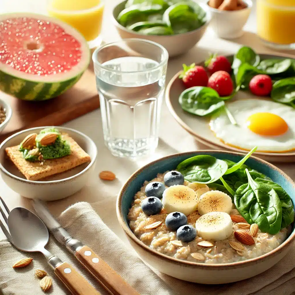 DALL·E 2024 11 03 21.17.46 A breakfast table set with healthy foods like a bowl of oatmeal with fresh fruits a glass of water and a plate with scrambled eggs and spinach. The