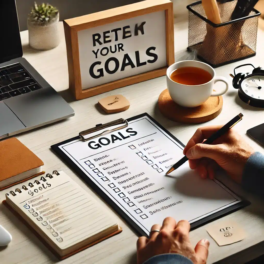 DALL·E 2024 11 03 21.17.51 A desk scene showing a person reviewing their goals with a notepad a pen and a checklist with daily tasks. The desk has a motivational sign and th