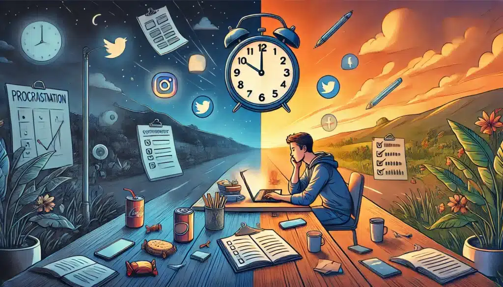 Illustration of a person sitting at a desk surrounded by distractions like a phone, snacks, and social media icons, transitioning into a focused state with a glowing clock and a completed checklist in the background. The image highlights the journey from procrastination to productivity with a shift from chaotic to organized colors.