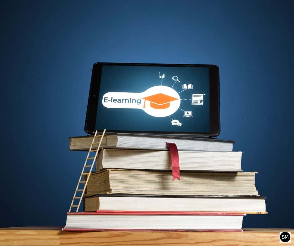 E-Learning Certification. A tablet in top of 5 books.