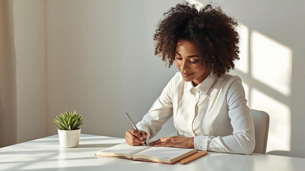 woman writing in a journal at a bright modern workspace — personal growth and inspiration visual