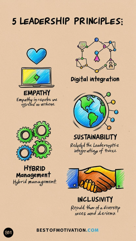 Infographic showcasing five leadership principles: empathy, digital integration, sustainability, hybrid management, and inclusivity, each represented by an icon. 'bestofmotivation.com' is displayed at the bottom.