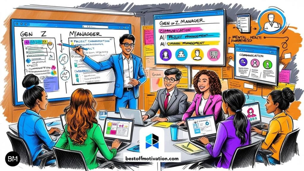 A Gen Z manager working with a diverse team using advanced technology, including a virtual whiteboard, AI-driven tools, and vibrant icons representing communication, change management, and mental health awareness. 'bestofmotivation.com' is displayed at the bottom.