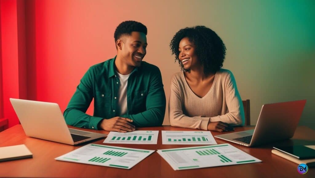 a man and woman sitting at a table with papers on it