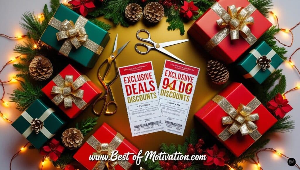 Flat-lay design featuring gift boxes, ribbons, scissors, and coupons with holiday-themed decorations like pinecones, mistletoe, and string lights, with the website www.bestofmotivation.com included at the bottom