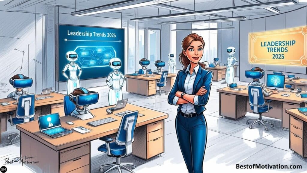 A futuristic workspace featuring AI tools, holographic assistants, virtual reality headsets, and a glowing roadmap on a screen that reads 'Leadership Trends 2025.' A young professional stands confidently with their arms crossed, and 'bestofmotivation.com' is at the bottom.