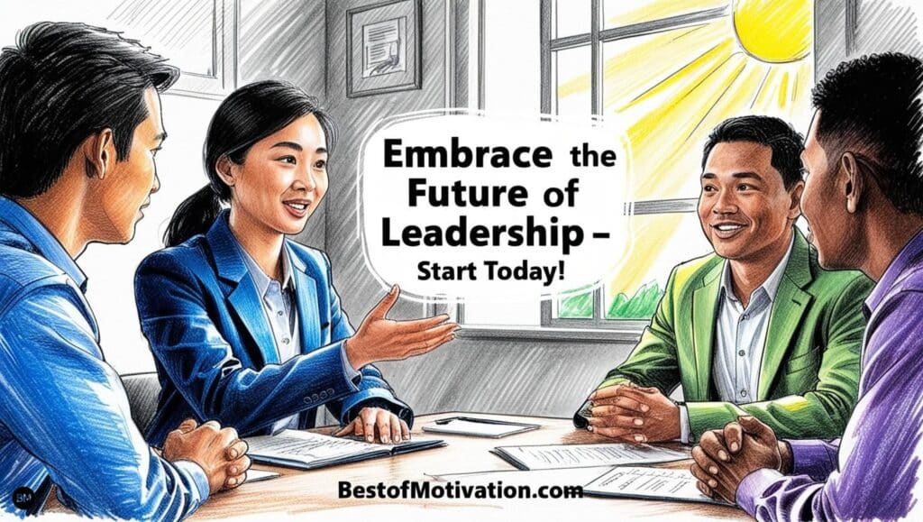 An uplifting scene of a Gen Z leader addressing a diverse team with sunlight streaming through a window, symbolizing optimism. Overlay text reads 'Embrace the Future of Leadership – Start Today!' and 'bestofmotivation.com' is displayed at the bottom.