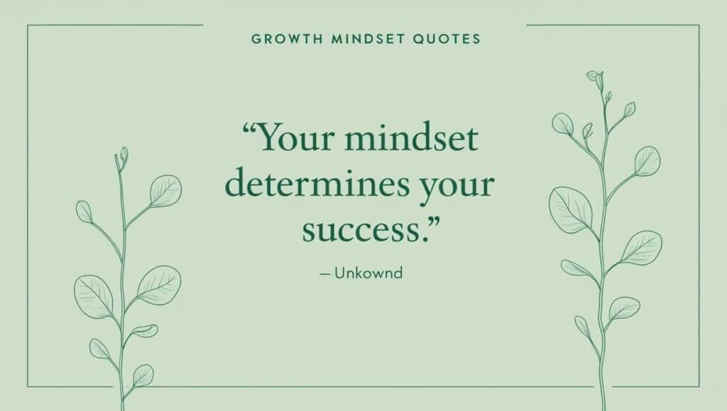 Minimalistic green-themed design with the quote 'Your mindset determines your success.' - Unknown, surrounded by line-drawn illustrations of plants symbolizing growth.