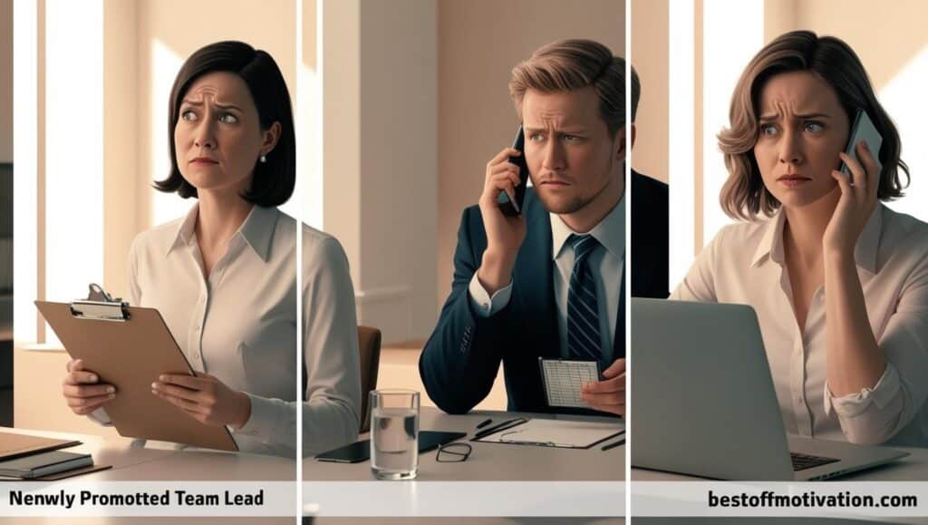 Three diverse professionals in a modern office setting—one newly promoted team lead, one star sales performer, and one engineer—each appearing mildly anxious, with a subtle ‘bestofmotivation.com’ watermark