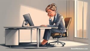 Digital illustration of an anxious business professional sitting at a desk in a modern office, conveying workplace self-doubt, with a ‘bestofmotivation.com’ watermark in the corner.