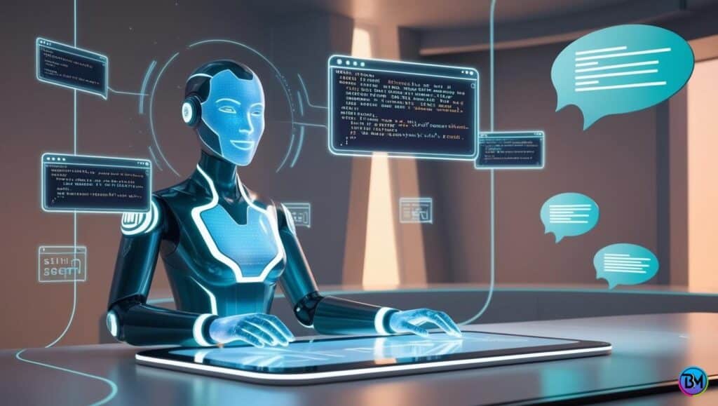 A holographic humanoid figure representing an AI assistant surrounded by floating icons for text, coding, and chat bubbles in a sleek digital workspace