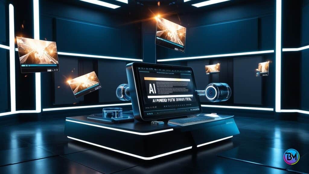 A futuristic video editing setup showing floating video clips, AI-powered tools, and glowing text-to-video effects in a cinematic studio environment.