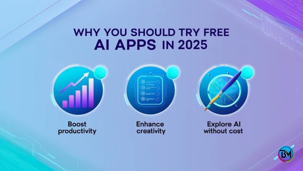 A futuristic infographic with a gradient blue and purple background, featuring glowing icons for productivity, creativity, and exploration. Includes text  Why you should try these free AI apps and bubbles highlighting benefits like “Boost Productivity,” “Enhance Creativity,” and “Explore AI Without Cost,” with a sleek, tech-forward design appealing to Gen Z and Millennials.