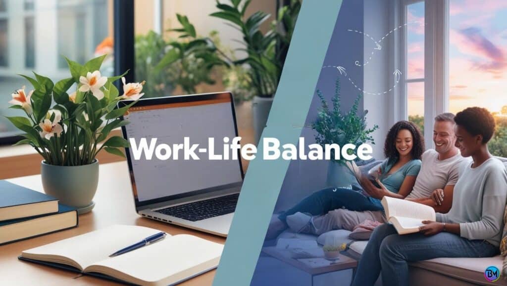 nspiring work life balance quotes illustrated with a serene workspace blending into a relaxing home environment, symbolizing harmony between professional and personal life