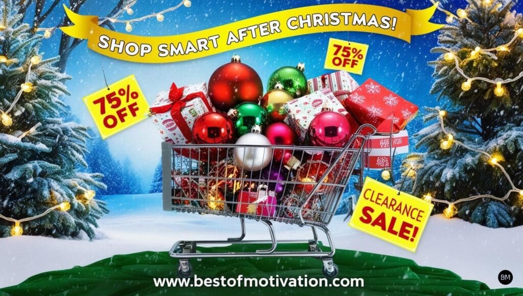 Festive shopping cart filled with discounted holiday items like ornaments, lights, and wrapping paper, surrounded by snowflakes and glowing fairy lights, with the text 'Shop Smart After Christmas!' and the website www.bestofmotivation.com.