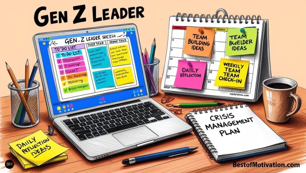 A workspace showing a Gen Z leader’s desk with modern tools: a laptop displaying a to-do list app, sticky notes, a calendar with leadership habits, and a notebook labeled 'Crisis Management Plan.' A coffee cup adds a relatable touch, and 'bestofmotivation.com' is at the bottom.