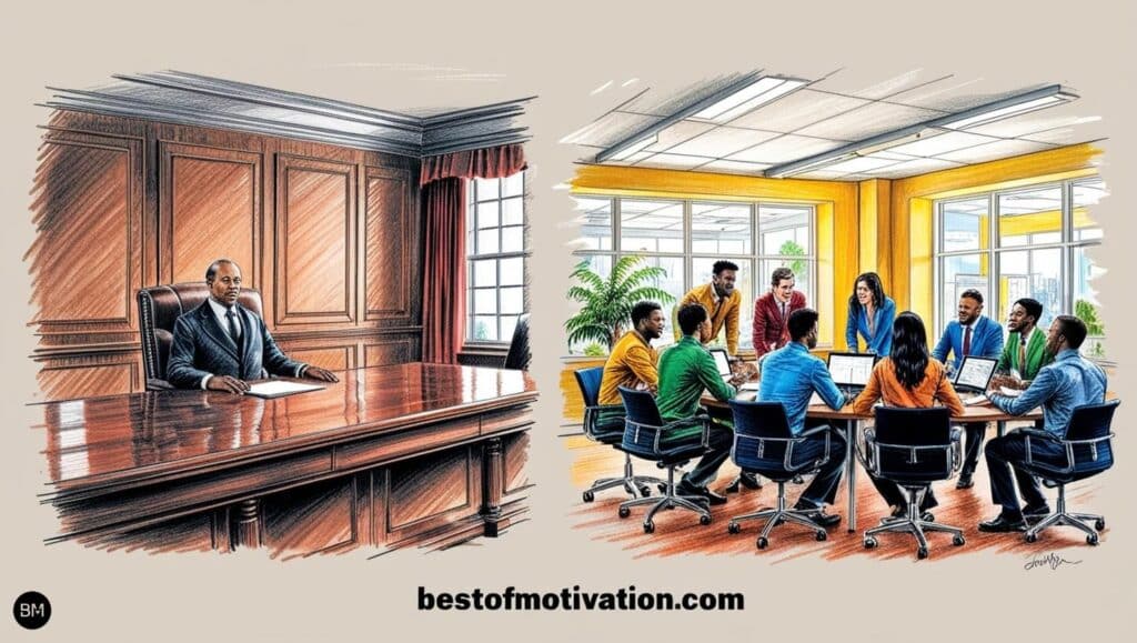 Split-screen comparison of leadership styles: on the left, a traditional boardroom with a manager at the head of a long table, and on the right, a vibrant, collaborative workspace with diverse team members brainstorming together. 'bestofmotivation.com' displayed at the bottom."