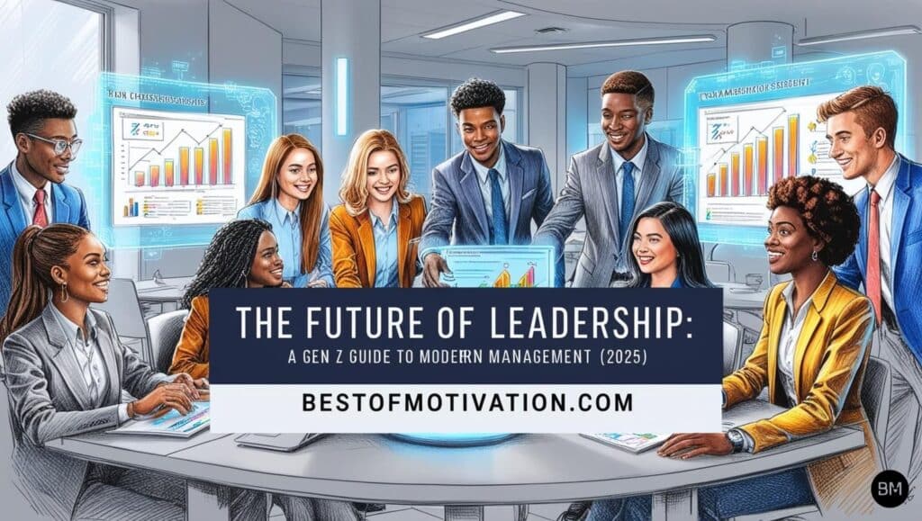 A diverse group of young professionals collaborating around holographic screens in a futuristic office space, with a bold title overlay reading 'The Future of Leadership: A Gen Z Guide to Modern Management (2025)' and 'bestofmotivation.com' at the bottom.