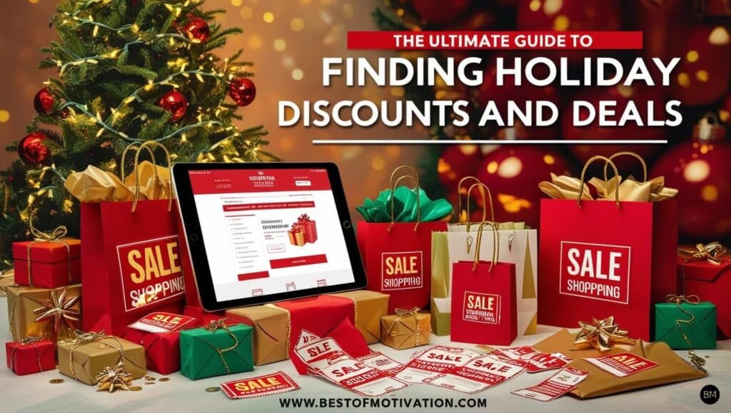 Cheerful holiday-themed scene with glowing fairy lights, a decorated Christmas tree, wrapped gift boxes, and shopping bags displaying 'SALE' and 'DISCOUNT' tags. Includes a tablet showing an online shopping website and the text 'The Ultimate Guide to Finding Holiday Discounts and Deals' with the website www.bestofmotivation.com.