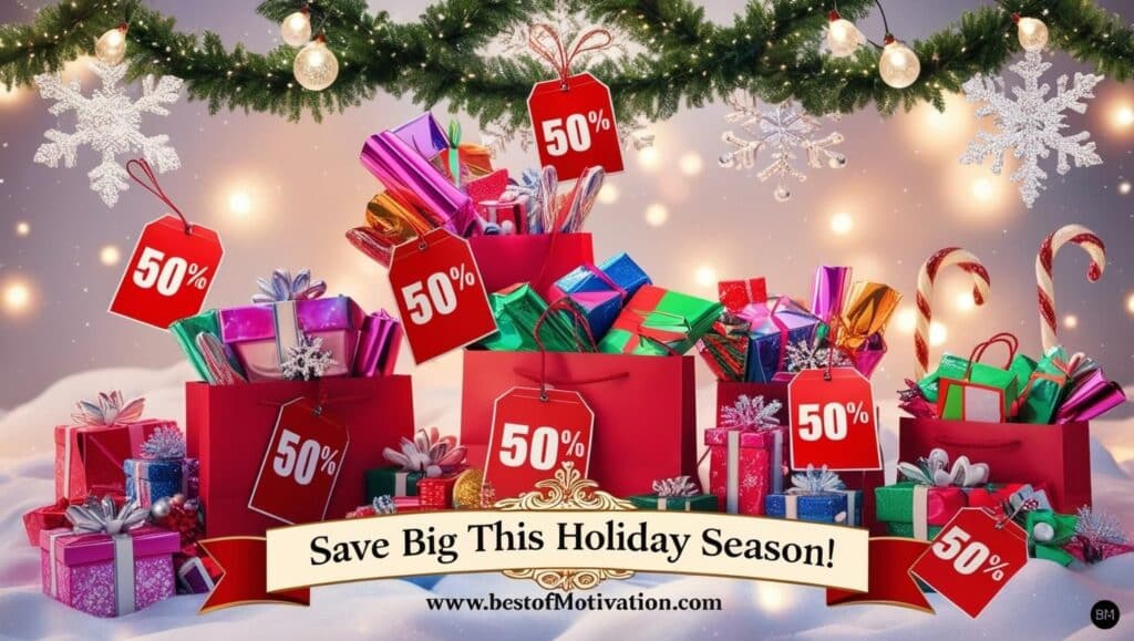 Illustration of festive shopping bags filled with wrapped gifts, surrounded by holiday decorations like garlands, snowflakes, and candy canes, with the text 'Save Big This Holiday Season!' and the website www.bestofmotivation.com.