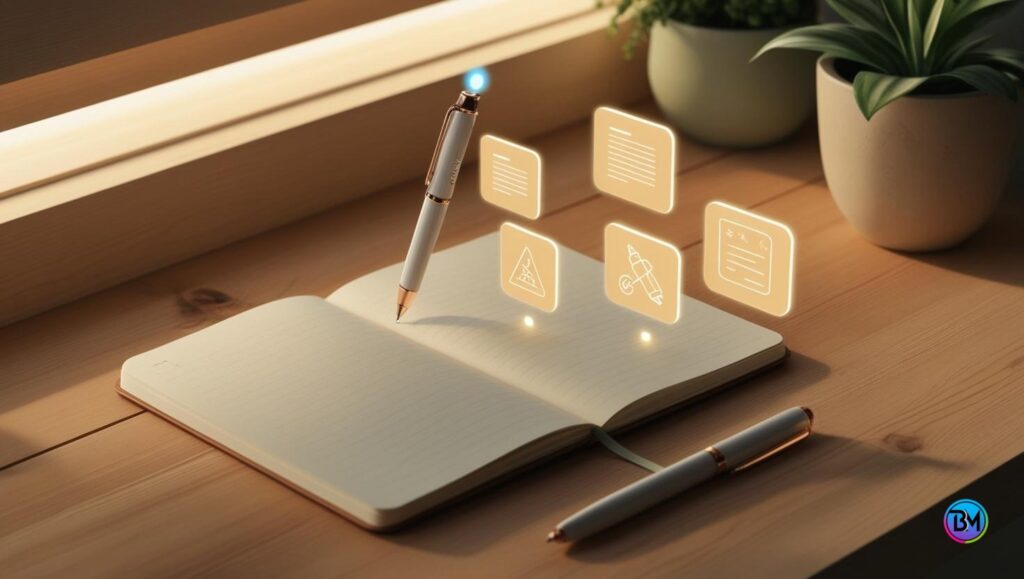 A glowing AI pen hovering over an open notebook, surrounded by icons for grammar corrections, tone adjustment, and clarity improvements, on a cozy desk.