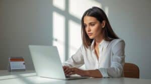 focused young professional working in a bright, clutter-free workspace — work-life balance and productivity visual