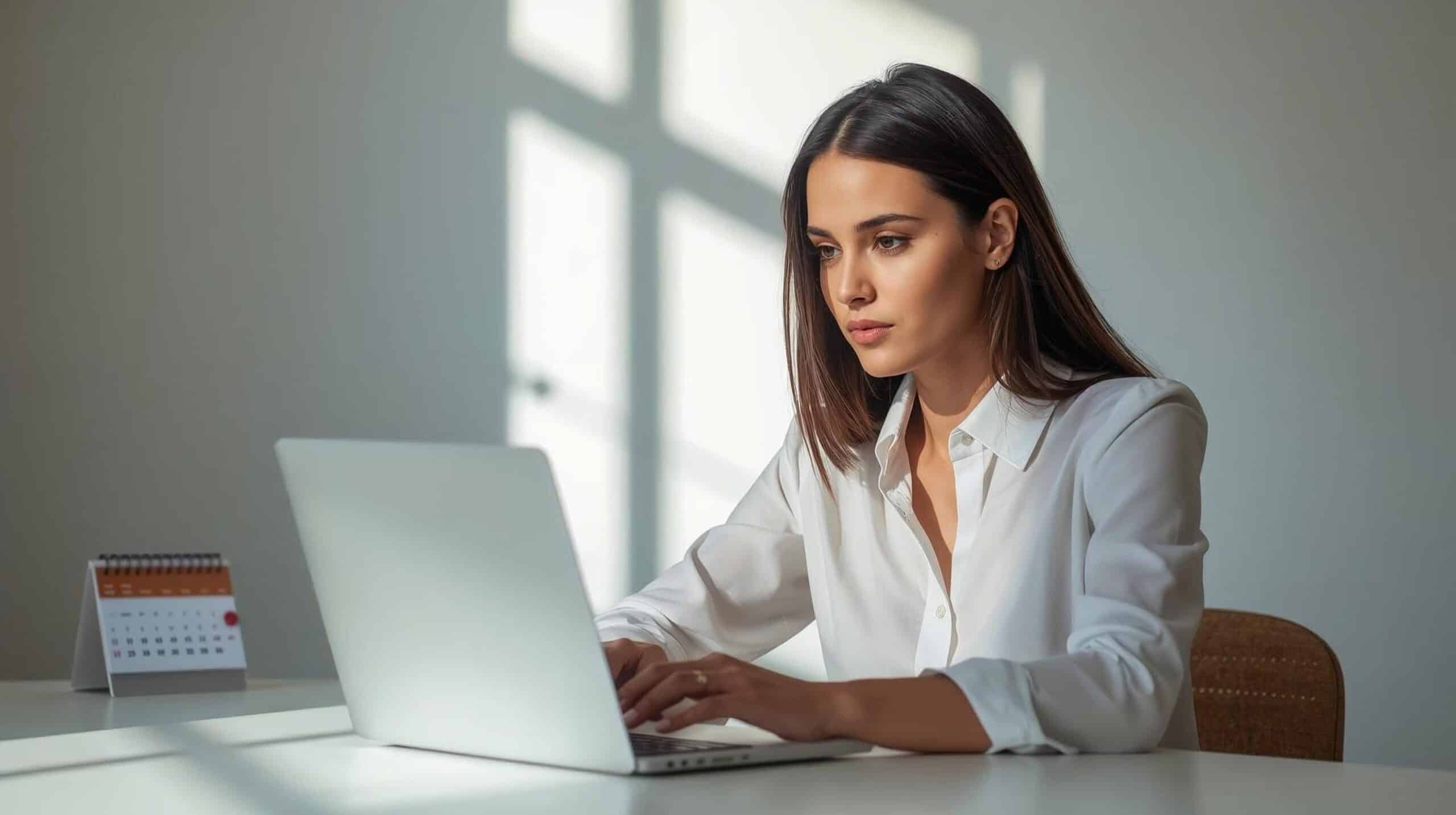 focused young professional working in a bright, clutter-free workspace — work-life balance and productivity visual