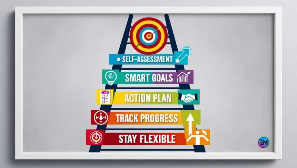 An infographic ladder with seven steps labeled with personal and professional development actions, each step highlighted by unique icons in a motivational, vibrant style.