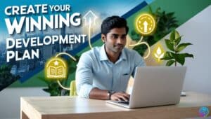 A young professional working on a laptop, surrounded by goal and growth icons, with a cityscape and greenery in the background. Text overlay reads 'Create Your Winning Development Plan in 2024.