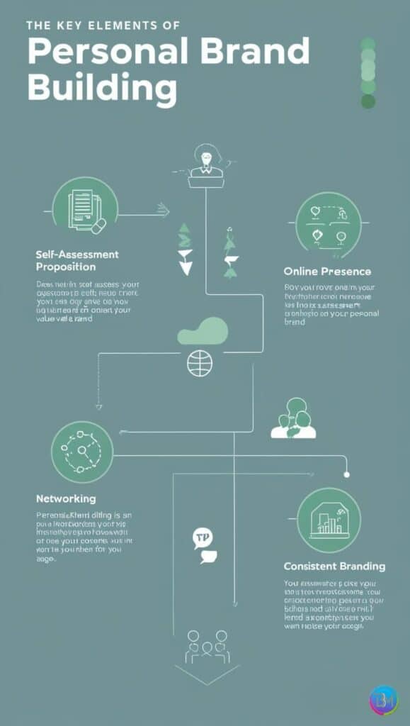 Infographic outlining key elements of personal brand building, including self-assessment, unique value proposition, online presence, networking, and consistent branding.