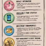 A comprehensive infographic summarizing five financial habits to boost income in your 20s, including budget automation, emergency fund strategy, investment fundamentals, debt management and credit building, and income diversification strategies, each represented with relevant icons and brief key points.