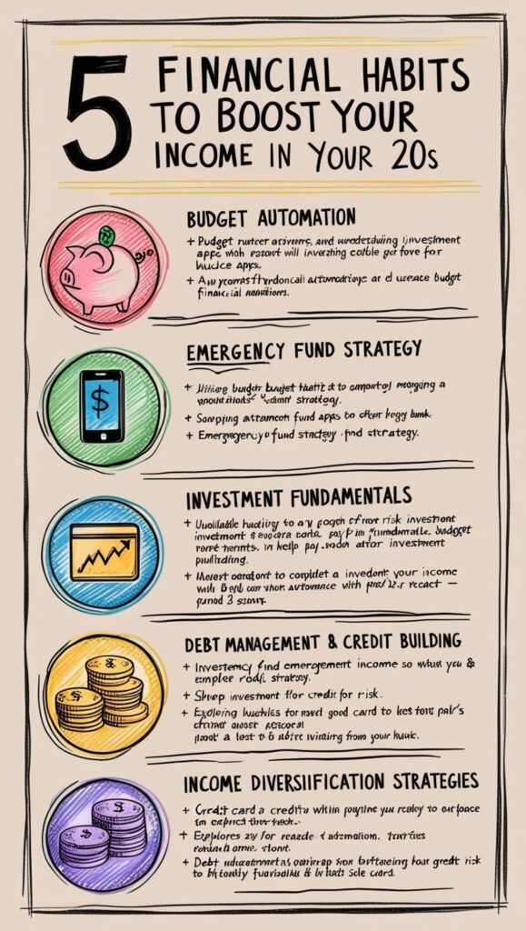 A comprehensive infographic summarizing five financial habits to boost income in your 20s, including budget automation, emergency fund strategy, investment fundamentals, debt management and credit building, and income diversification strategies, each represented with relevant icons and brief key points.