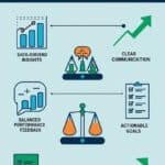 5 Keys to Effective Performance Reviews' featuring five icons: a bar graph for data-driven insights, a speech bubble for clear communication, a balanced scale for balanced feedback, a target for actionable goals, and an upward arrow for continuous improvement, rendered in a clean, modern style with blues, greens, and a pop of orange against ample white space.