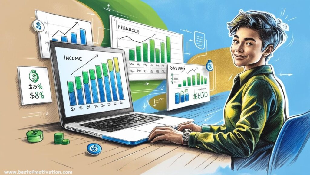 A gender-neutral young adult confidently managing finances with a smartphone displaying budgeting charts and financial growth graphs. Surrounding them are icons representing income, savings, and investments. The image features a vibrant color palette of blue, green, and gold, and includes the website "bestofmotivation.com" at the bottom.